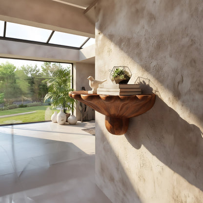 Sculptural Wall-Mounted Sink in Natural Wood with Organic Carved Form