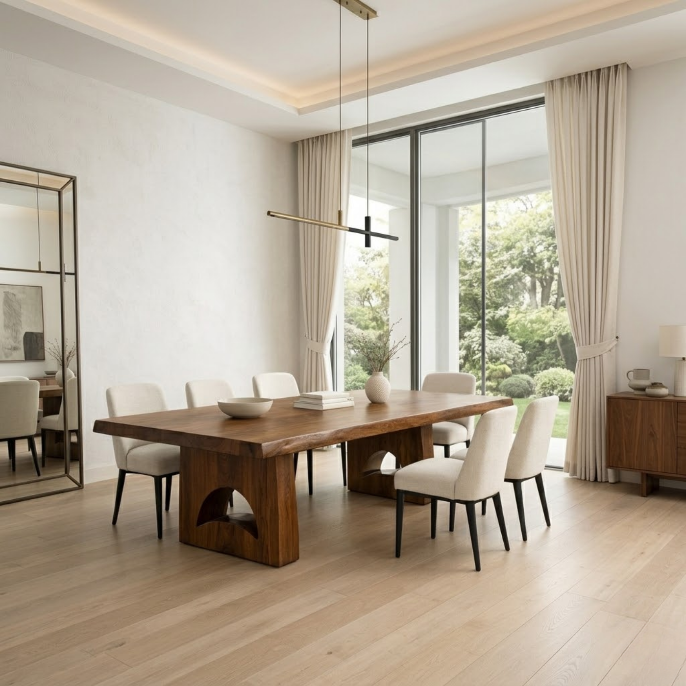 Solid Wood Dining Table with Live Edge Top and Sculptural Arch Base