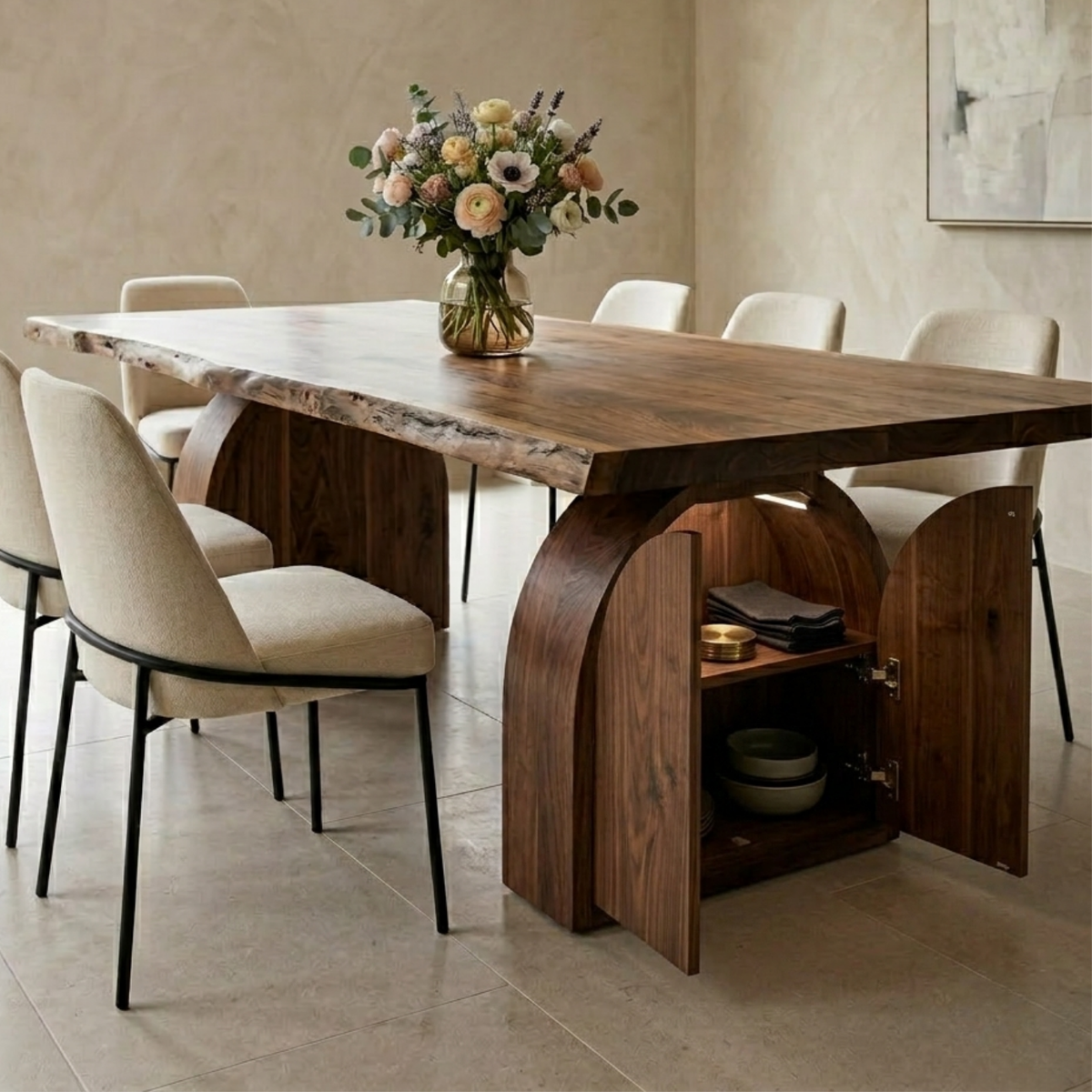 Solid Wood Live Edge Dining Table with Arch Base and Hidden Storage