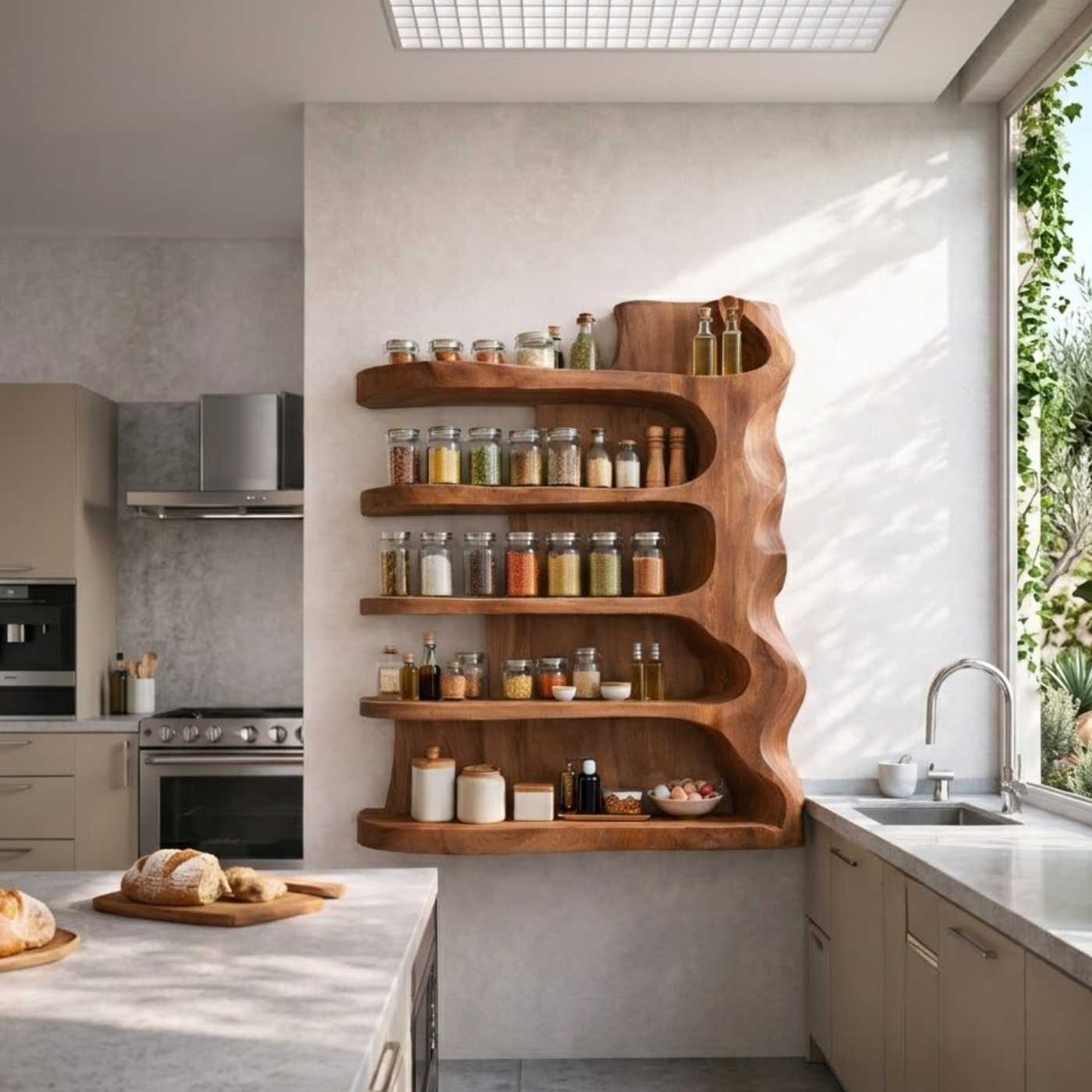 Solid Wood Kitchen Cabinet Shelf – Sculptural Floating Spice Storage Unit