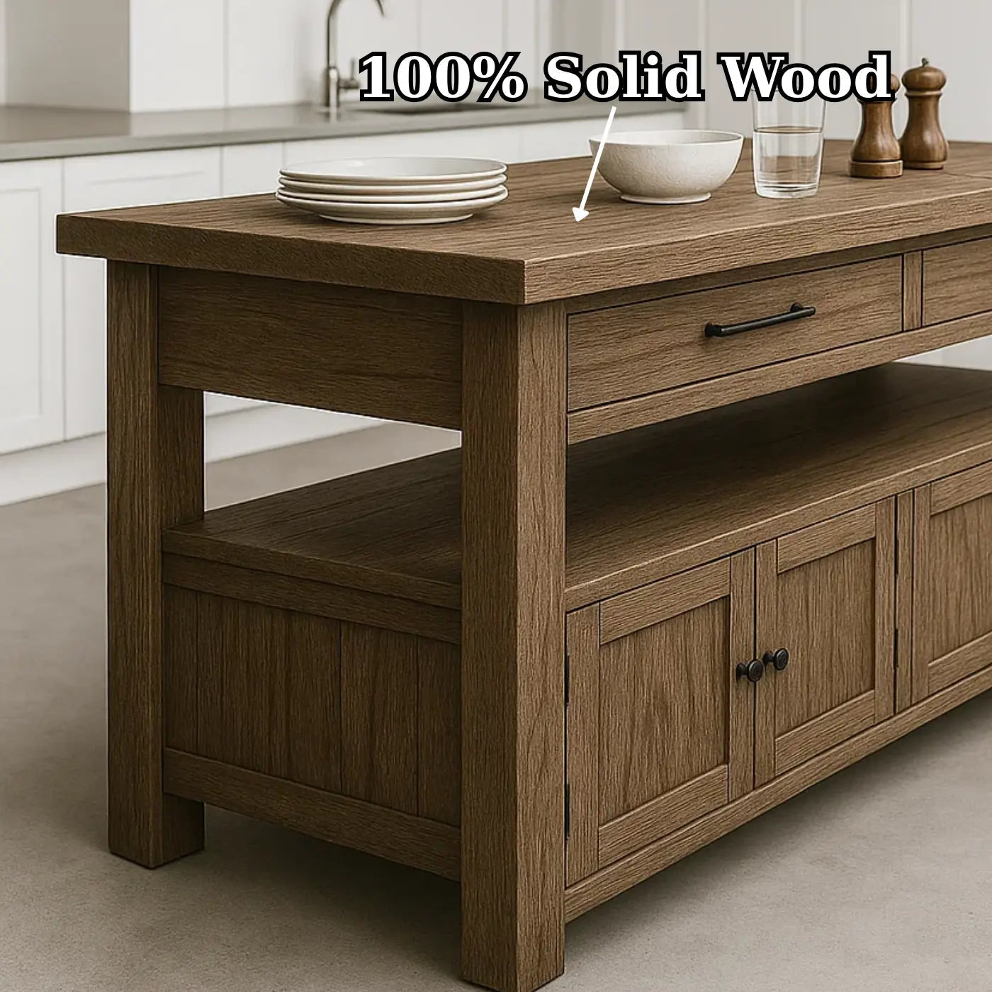 Handcrafted Solid Wood Kitchen Island - Long Design, Drawers & Cabinets Kitchnce