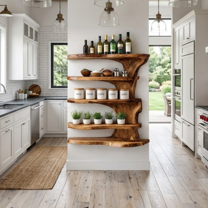 Solid Wood Live Edge Kitchen Cabinet Shelf – Organic Floating Wall Storage