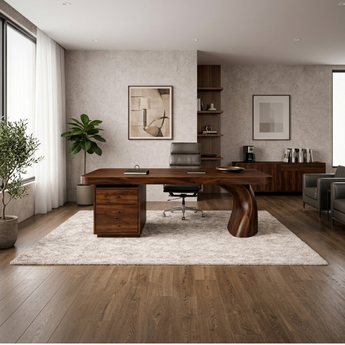 Solid Wood Executive Desk with Sculptural Leg & Drawer Storage – Modern Rustic Office Table