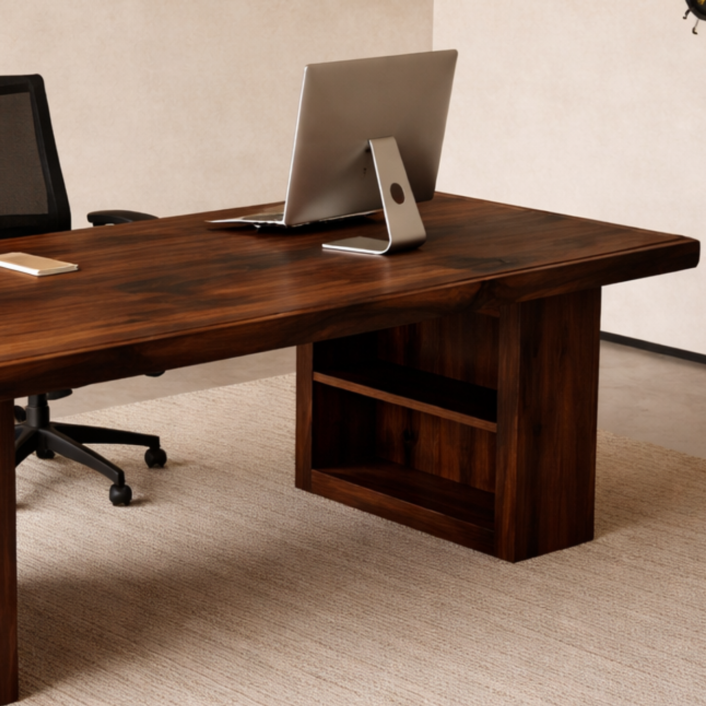 Solid Walnut Desk with Storage Shelf – Modern Minimalist Executive Office Table