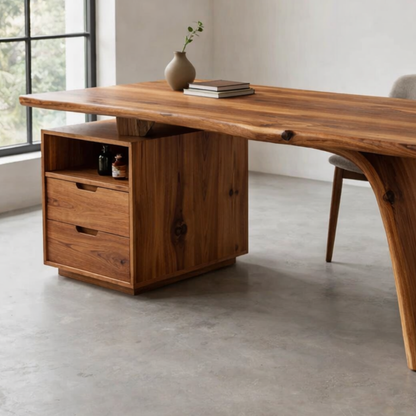 Solid Wood Desk with Live Edge Top and Integrated Drawer Storage