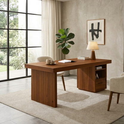 Solid Wood Desk with Thick Slab Top and Built-In Storage Cabinet