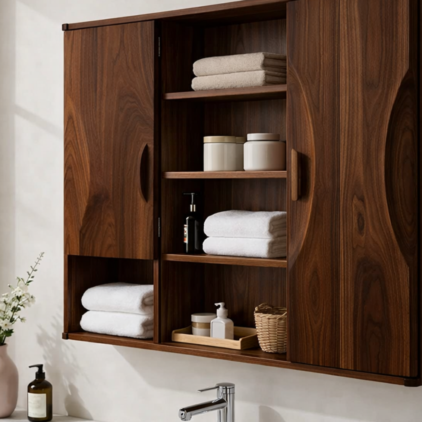Solid Wood Floating Bathroom Cabinet with Double Doors & Open Shelves