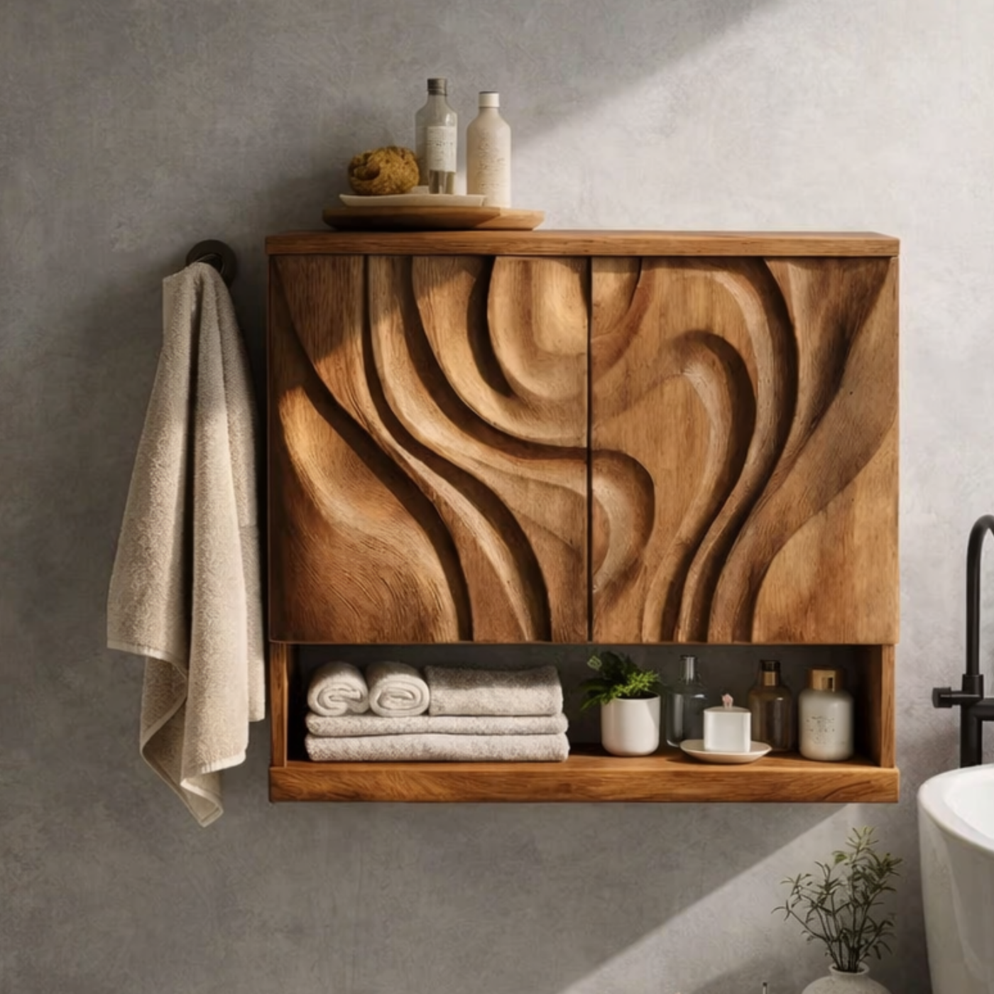 Solid Wood Floating Bathroom Vanity Cabinet with Sculptural Wave Doors