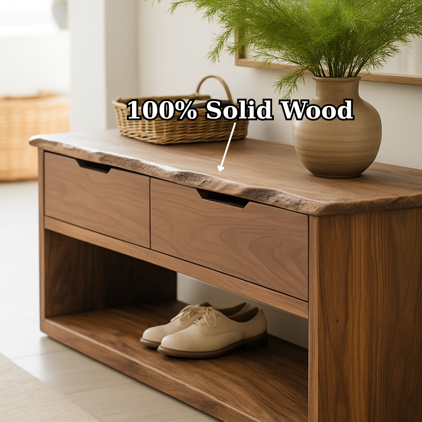 Handcrafted Solid Wood Bench – Live-Edge Entryway Bench with Drawers Kitchnce