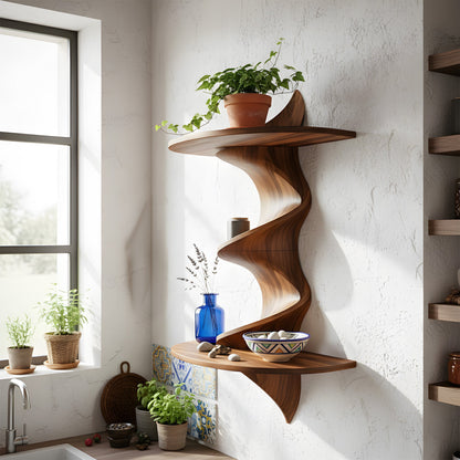 Sculptural Wave Wall Mounted Shelf in Natural Wood
