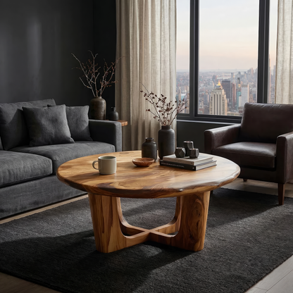 Round Live Edge Coffee Table with Open Cross Base Design