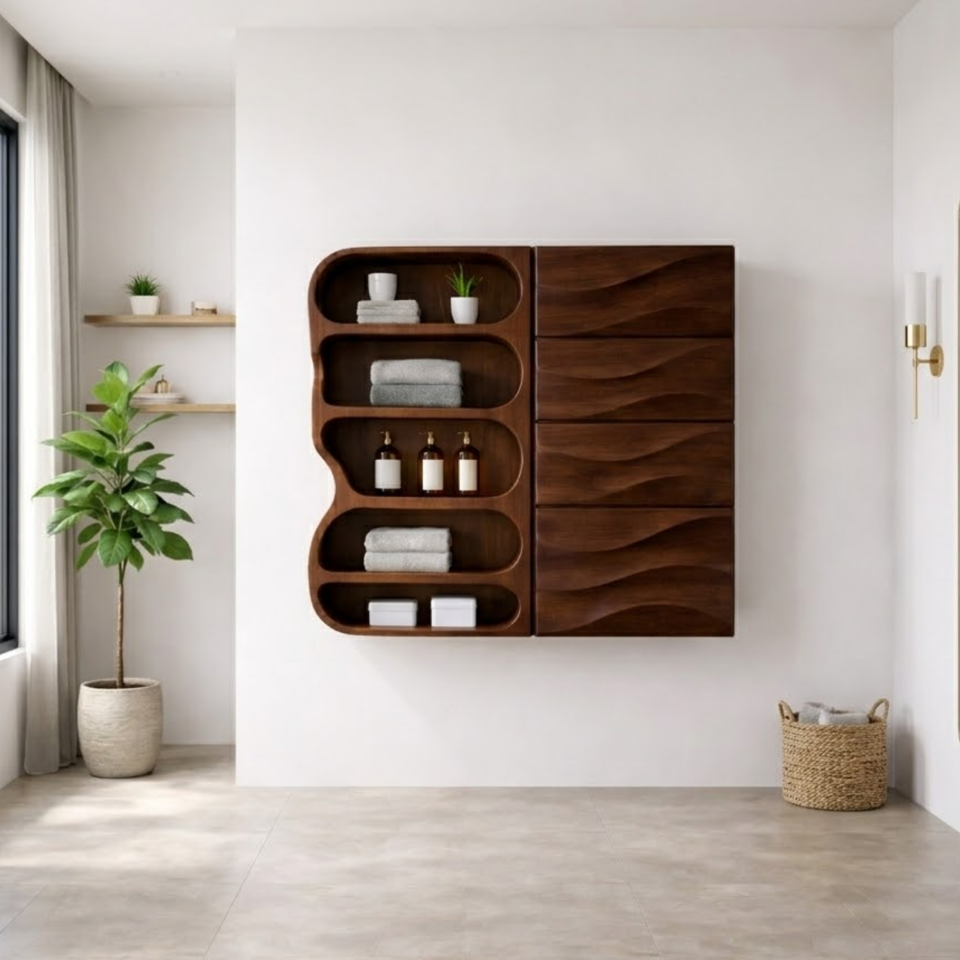 Solid Wood Floating Bathroom Cabinet with Wave Drawers & Open Shelves