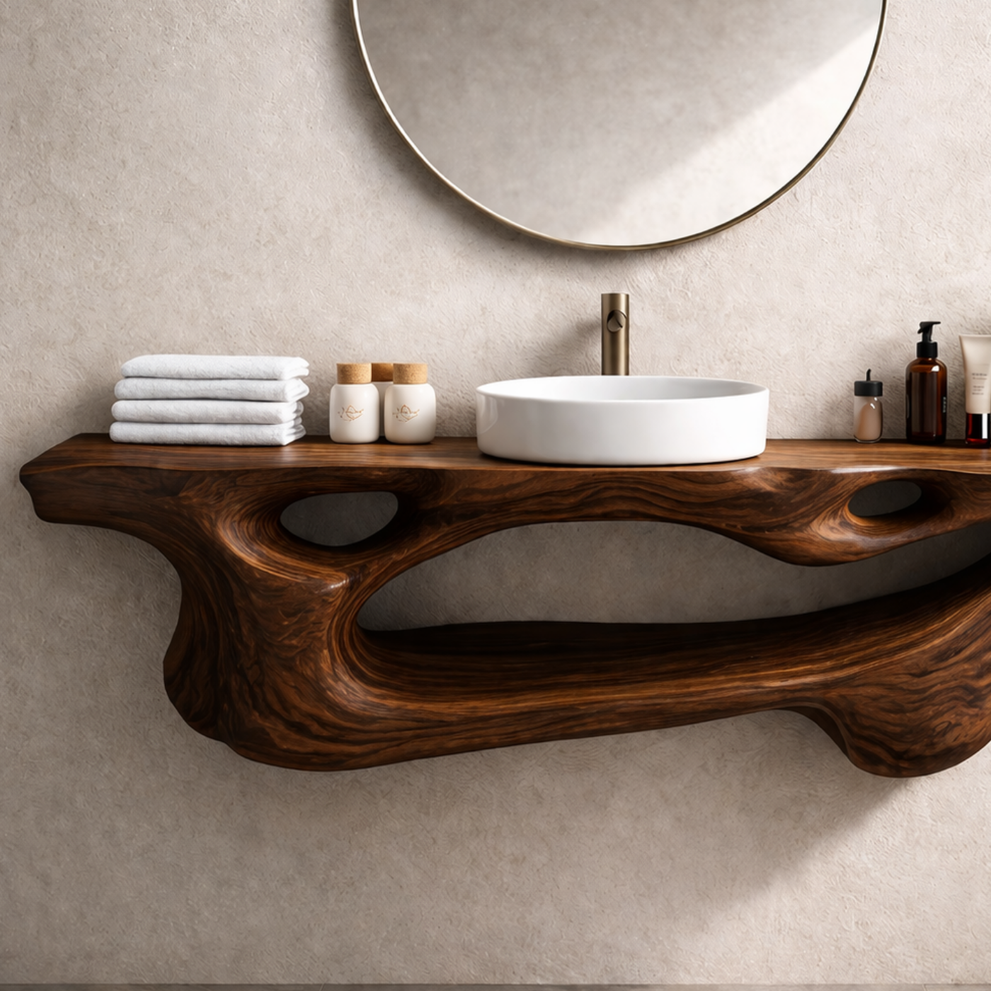 Solid Wood Floating Bathroom Vanity with Sculptural Live Edge – Modern Organic Wall Mounted Cabinet