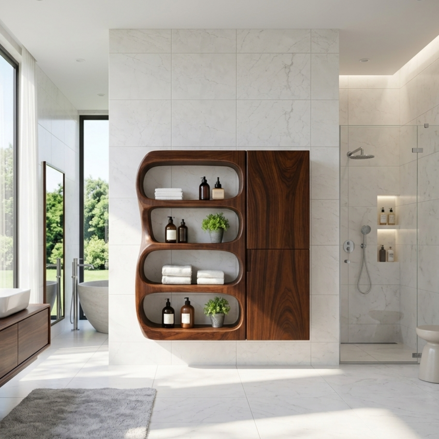 Solid Wood Floating Bathroom Cabinet with Curved Open Shelves & Storage Door