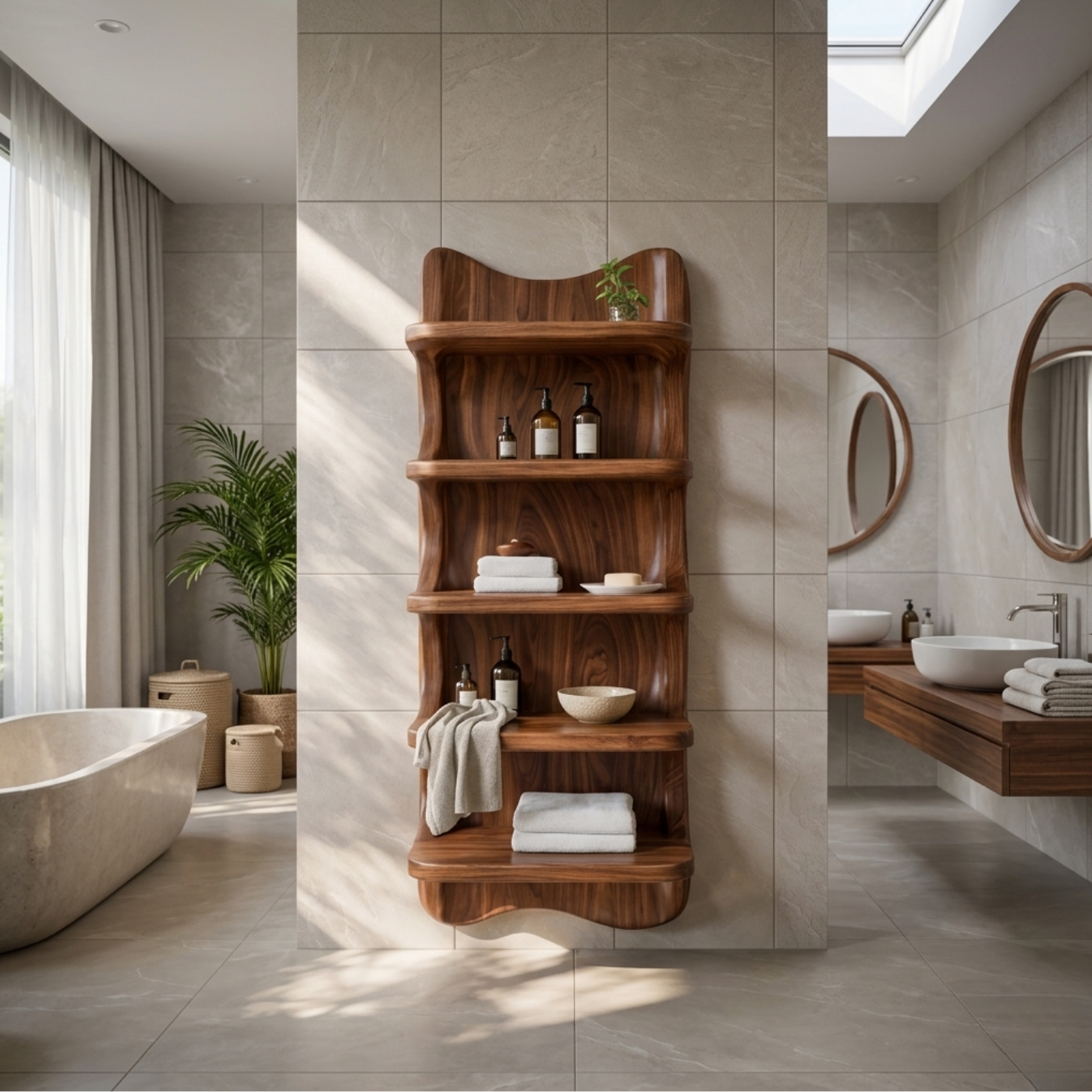 Solid Wood Wall Mounted Bathroom Shelf – Curved Storage Cabinet, Modern Floating Organizer