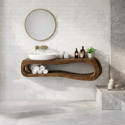 Solid Wood Floating Bathroom Vanity with Open Shelf – Modern Curved Wall Mounted Cabinet