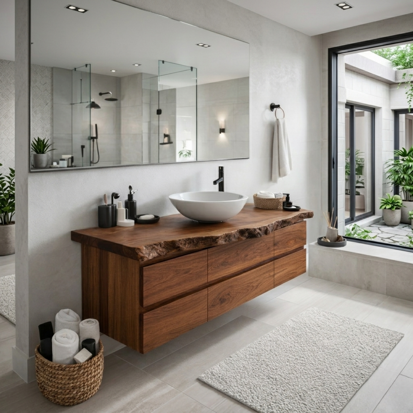 Solid Wood Floating Bathroom Vanity with Live Edge Top – Modern Wall Mounted Cabinet