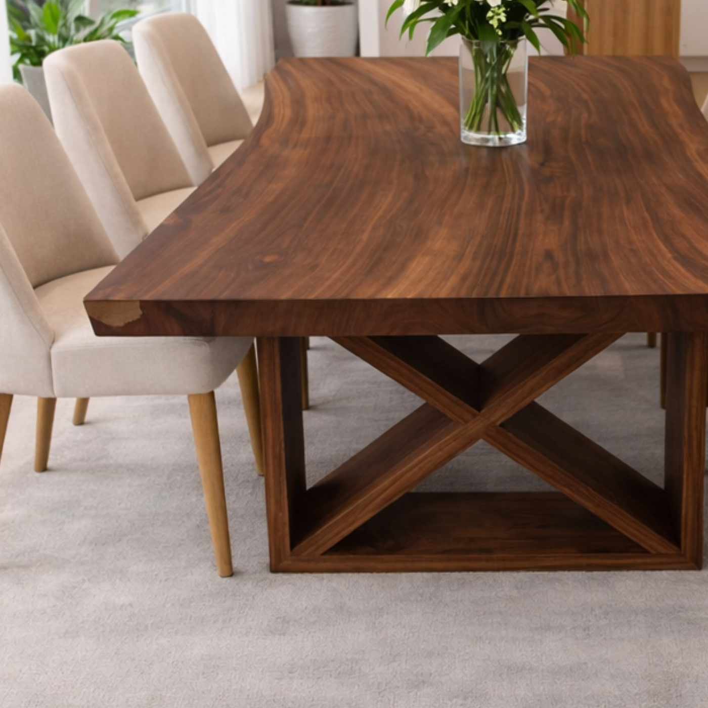 Solid Walnut Dining Table with Sculptural X Base – Modern Farmhouse Wood Table