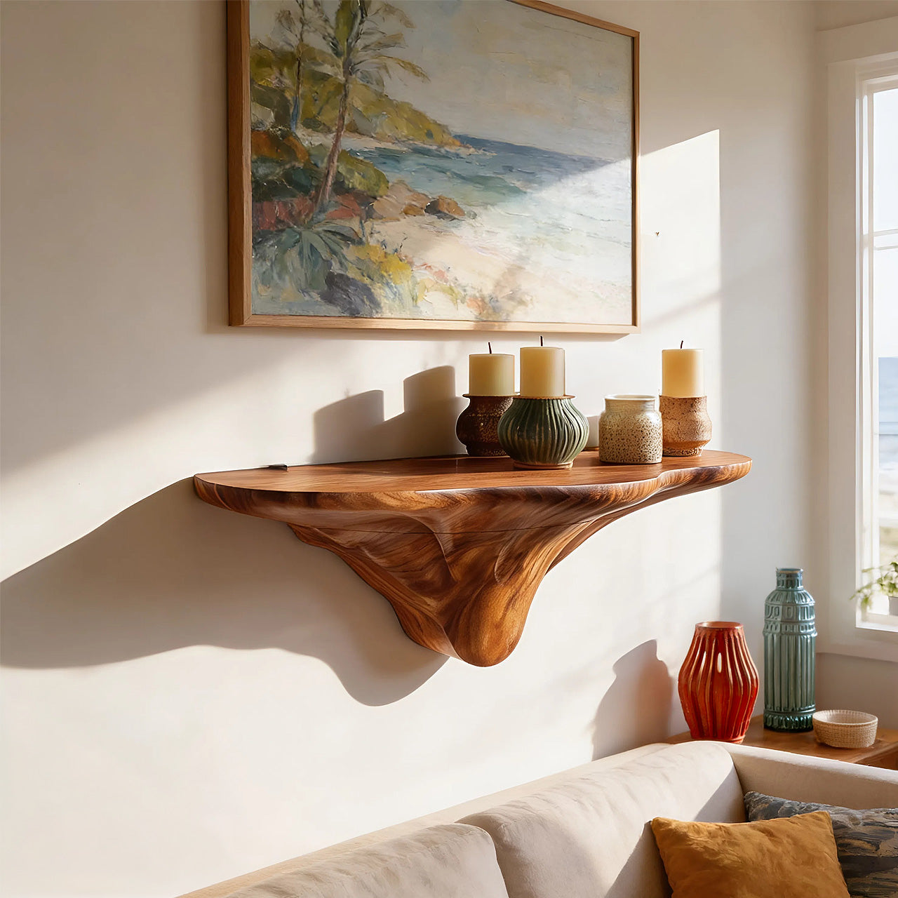 Sculptural Floating Wall Shelf in Natural Wood with Organic Form