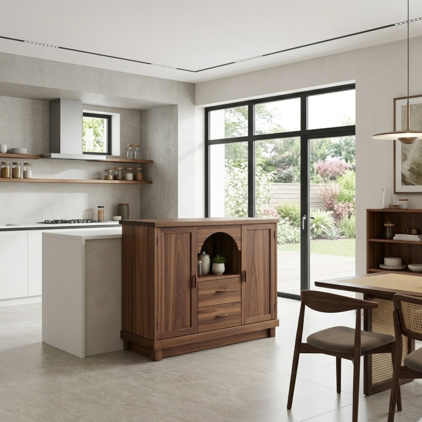 Solid Walnut Kitchen Island with Doors, Drawers & Arched Shelf