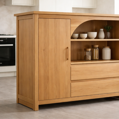 Solid Oak Kitchen Island with Arched Open Shelf & Drawer Storage