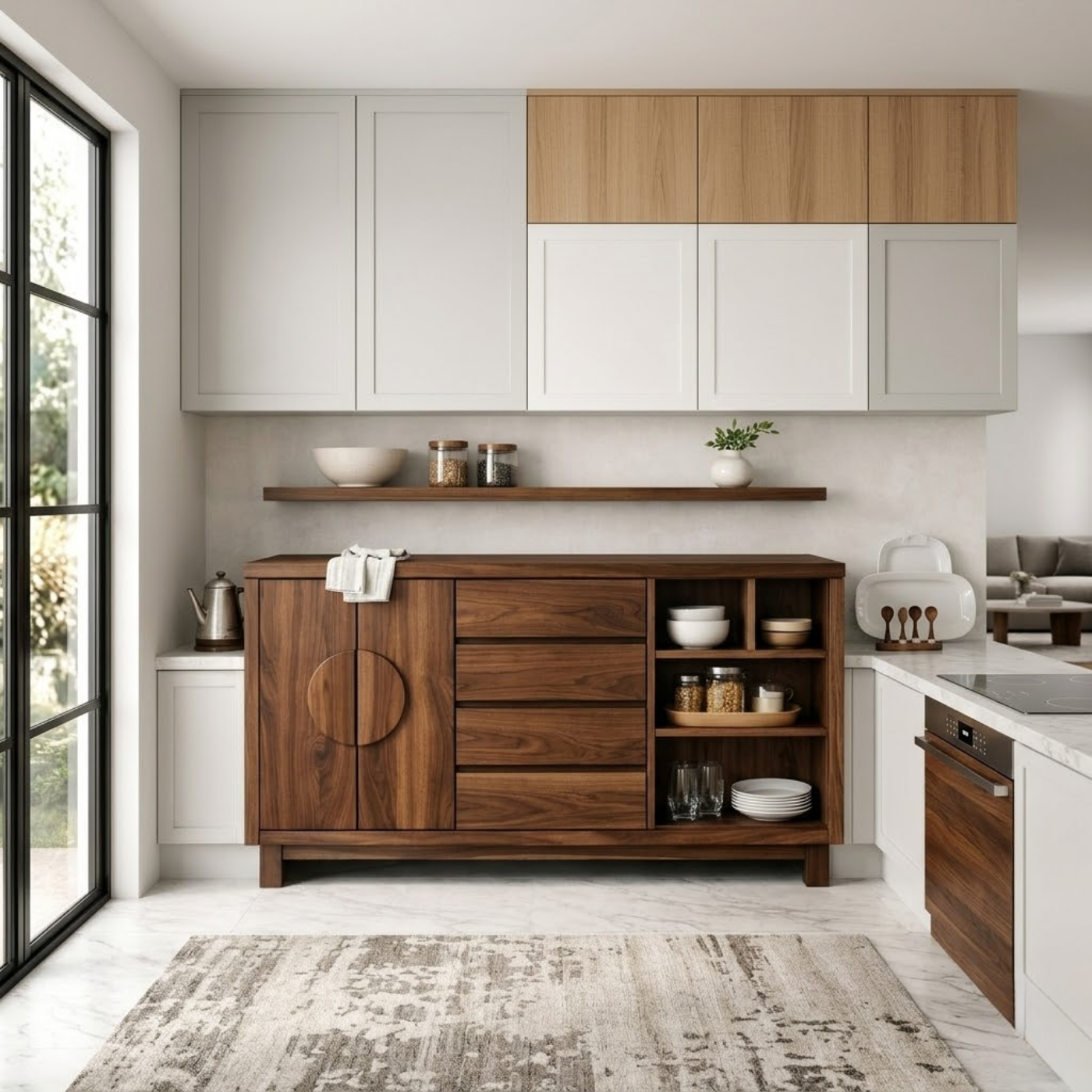 Solid Oak Kitchen Island with Round Handle Doors & Open Shelf Storage
