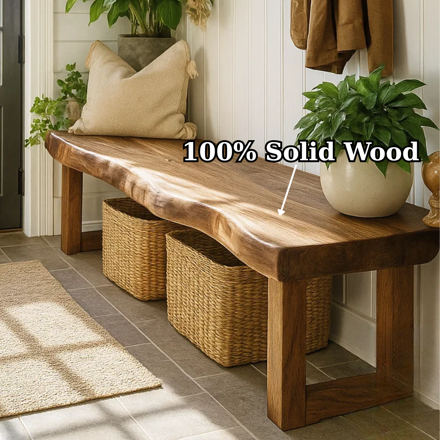 Handcrafted Solid Wood Bench – Live-Edge Entryway Bench with Organic Charm Kitchnce