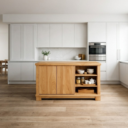 Solid Wood Kitchen Island with Doors & Open Shelf Storage