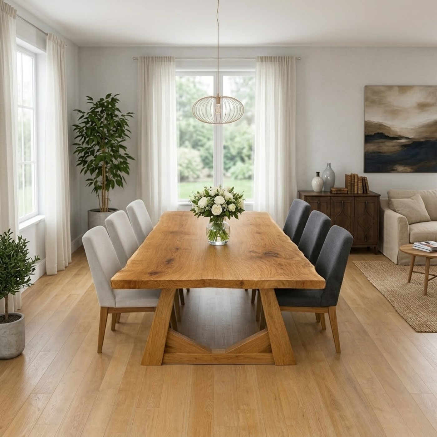 Solid Oak Dining Table with Trestle Base – Natural Wood Farmhouse Table