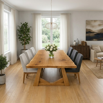 Solid Oak Dining Table with Trestle Base – Natural Wood Farmhouse Table