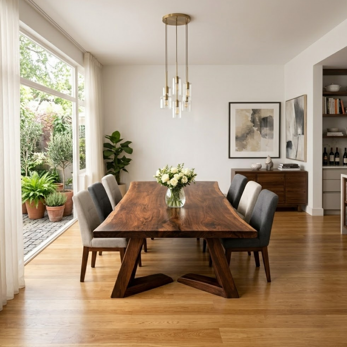 Solid Walnut Live Edge Dining Table with Sculptural Angled Base