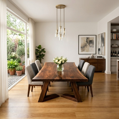 Solid Walnut Live Edge Dining Table with Sculptural Angled Base