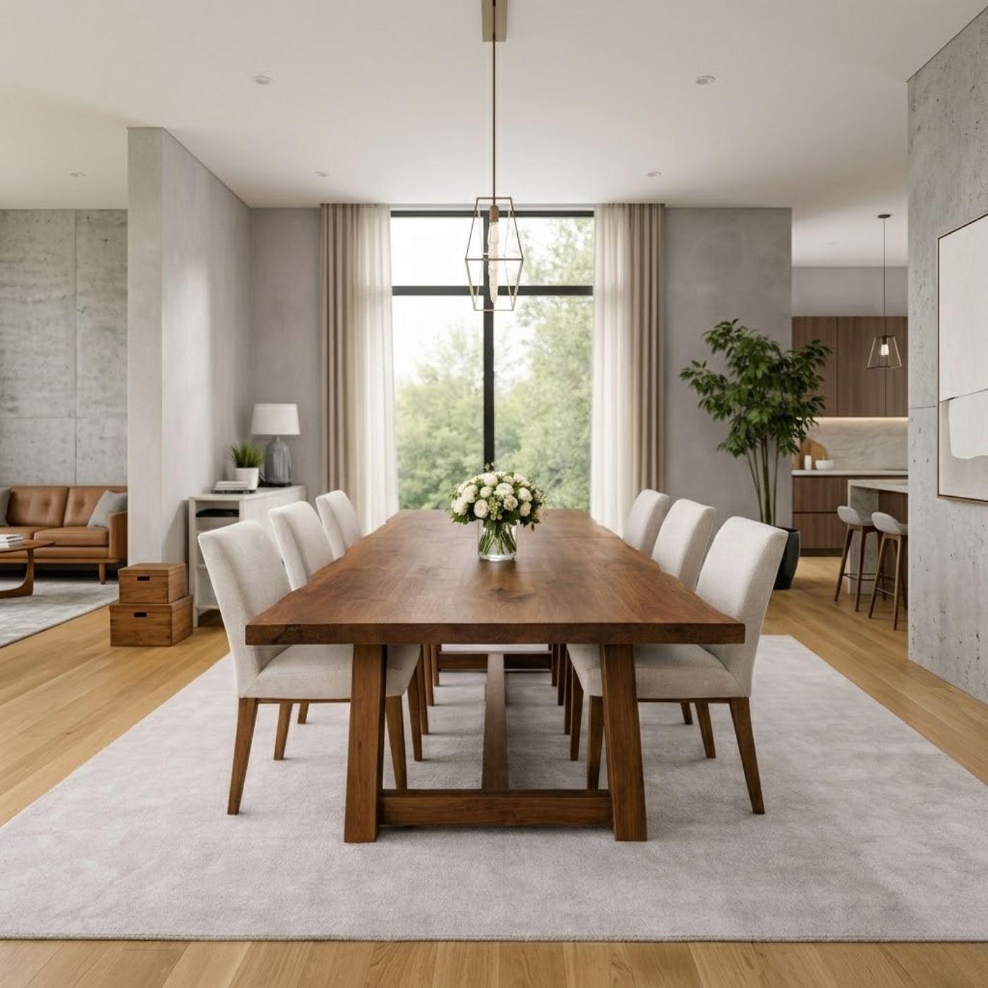 Solid Wood Dining Table with Trestle Base – Modern Farmhouse Walnut Table