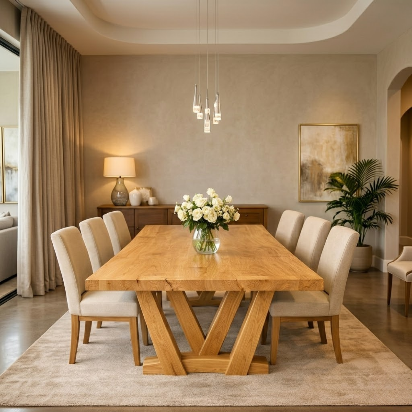 Solid Wood Dining Table with Thick Slab Top & Sculptural V Base Design