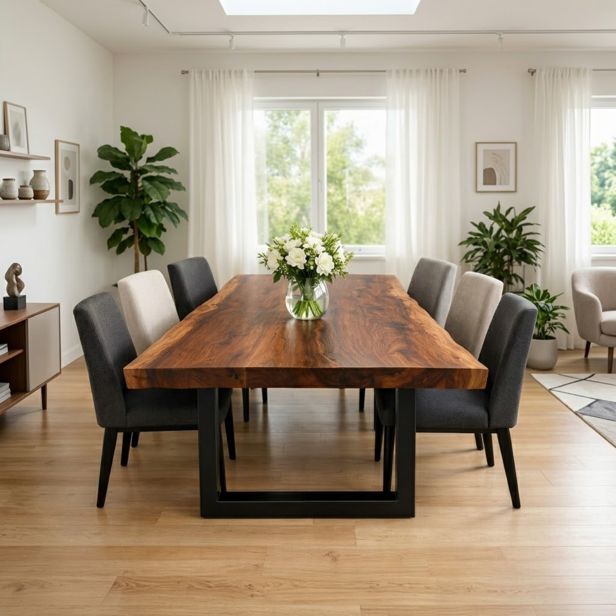 Solid Walnut Dining Table with Metal U-Leg Base – Modern Industrial Wood Table