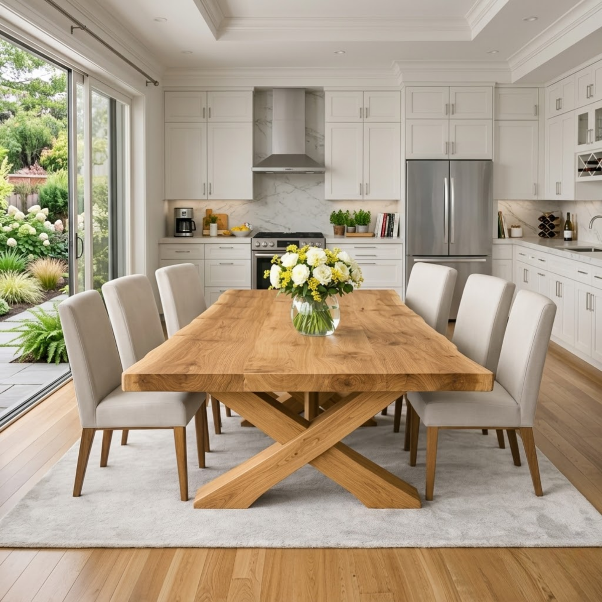 Solid Wood Dining Table with Thick Slab Top & X Base Modern Farmhouse Style