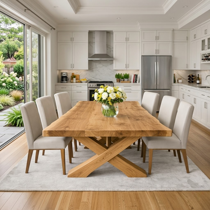Solid Wood Dining Table with Thick Slab Top & X Base Modern Farmhouse Style