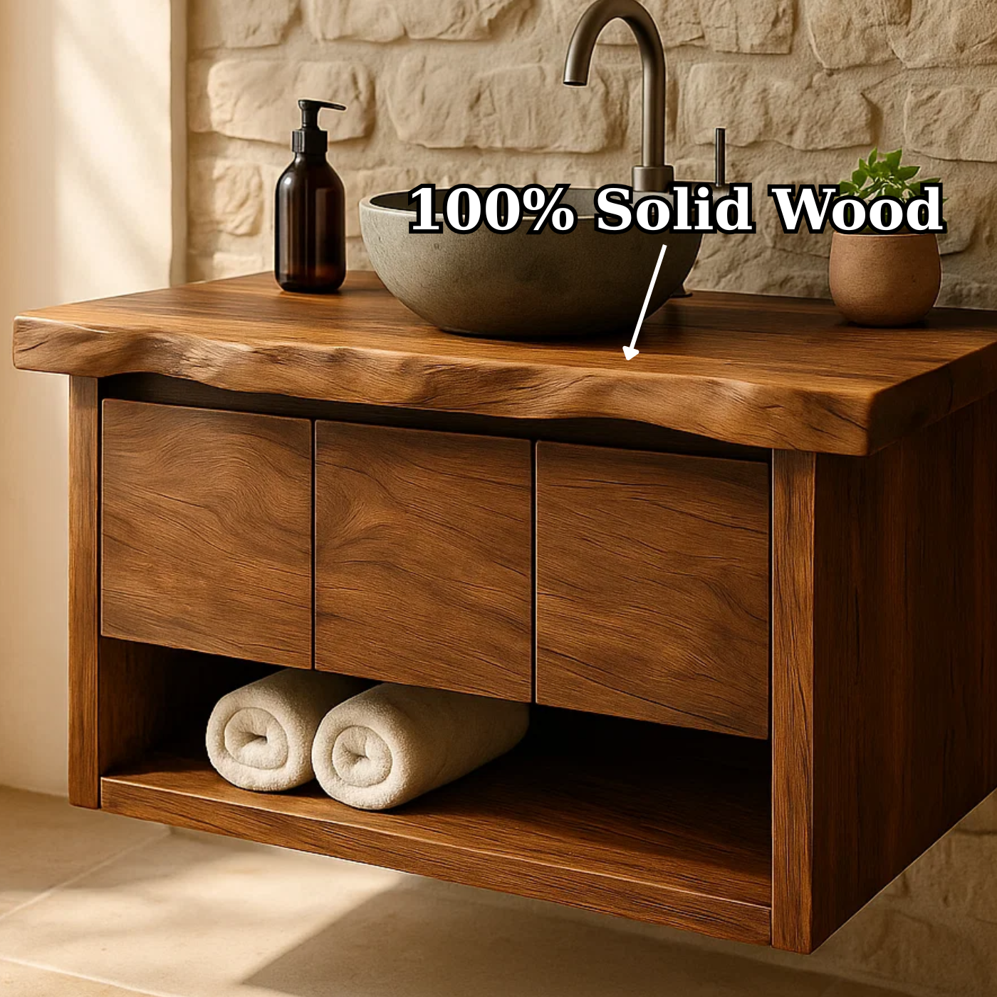 Handcrafted Solid Wood Floating Bathroom Vanity with Live Edge Top - Rustic Modern Washstand Kitchnce