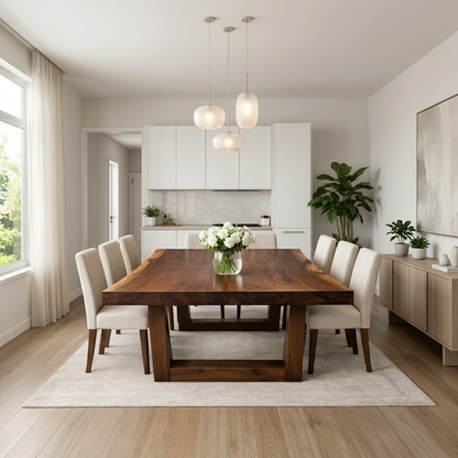 Solid Wood Dining Table with Thick Slab Top & Modern Farmhouse Base