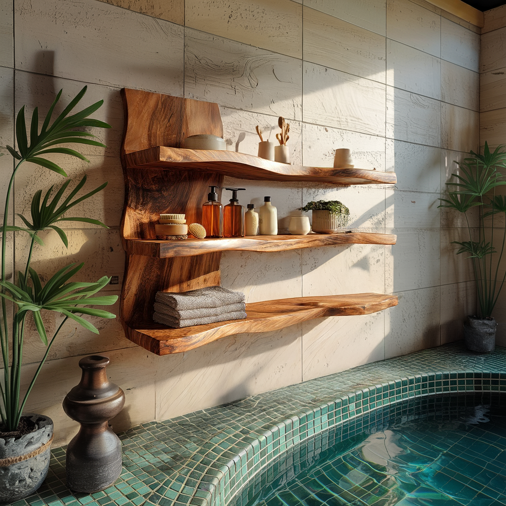 Sculptural Triple Tier Wall Shelf with Flowing Wood Layers
