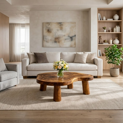 Live Edge Solid Wood Coffee Table with Chunky Legs in Warm Walnut Finish