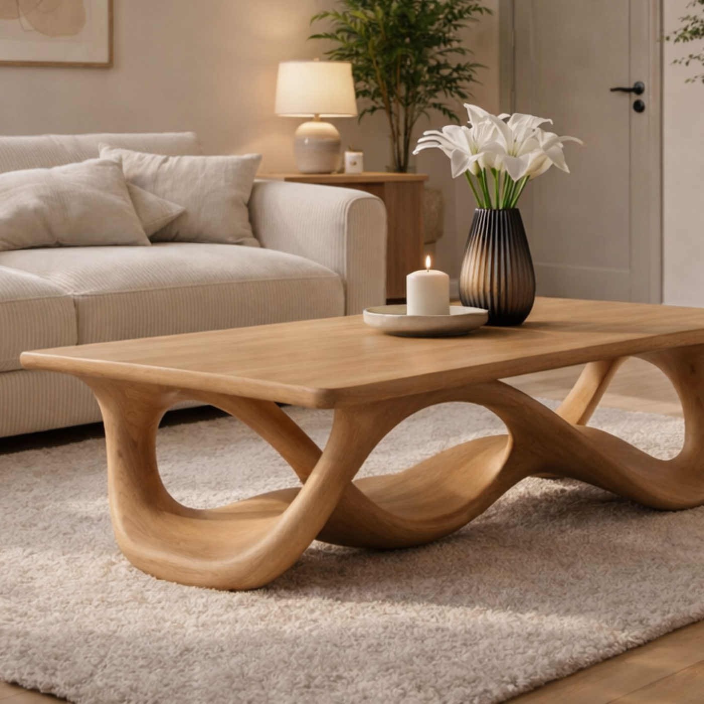 Solid Wood Coffee Table with Sculptural Wave Base in Light Oak Finish