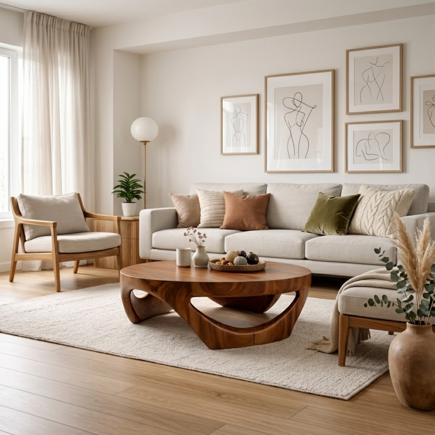 Round Solid Wood Coffee Table with Sculptural Base in Deep Walnut Finish