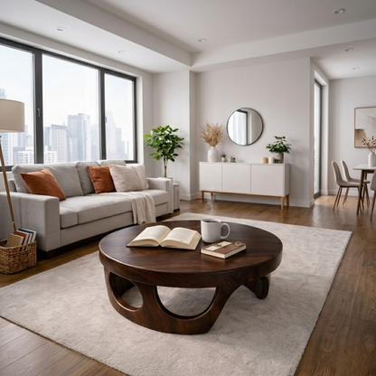 Round Solid Wood Coffee Table with Sculptural Base and Rich Walnut Finish