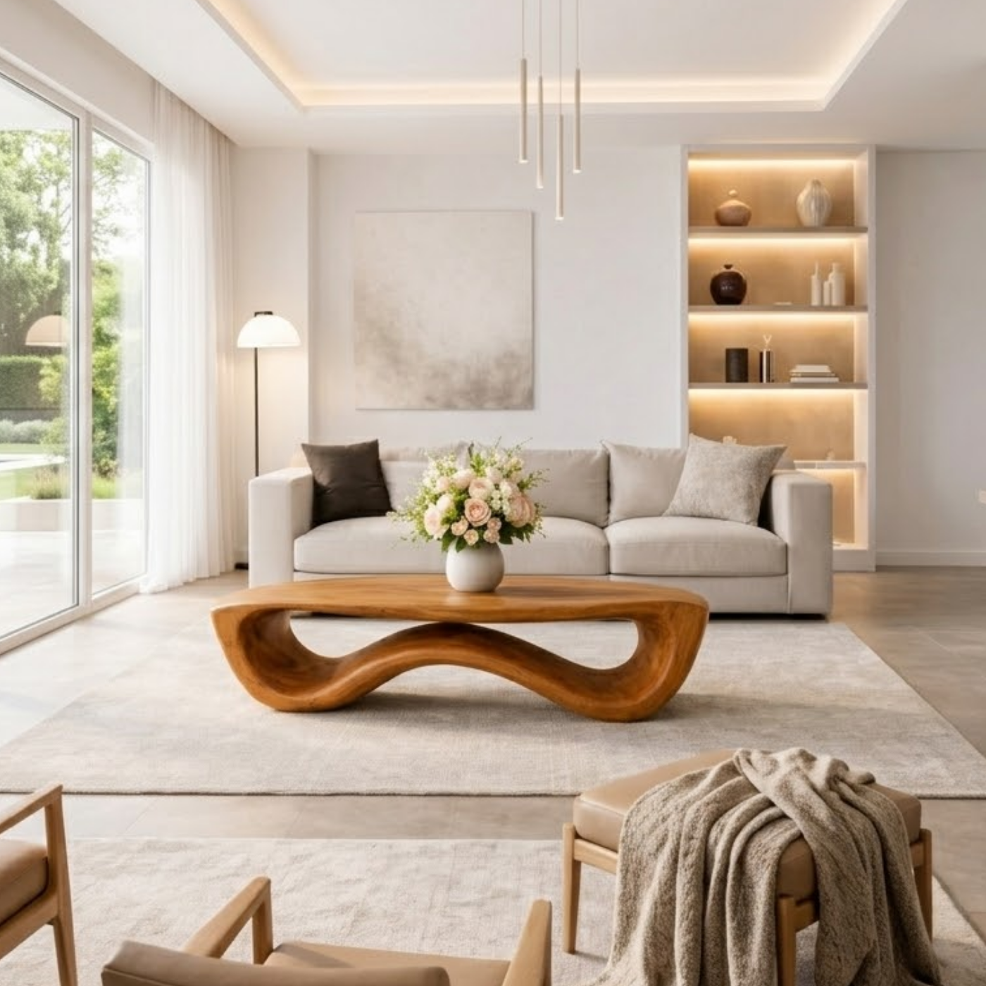 Organic Solid Wood Coffee Table with Sculptural Wave Base and Natural Finish