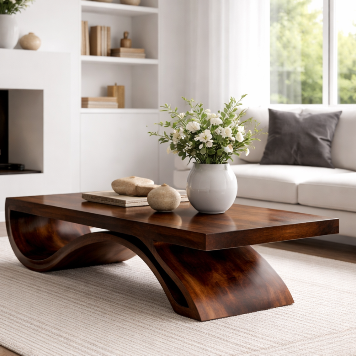 Solid Wood Coffee Table with Sculptural Base and Thick Slab Top
