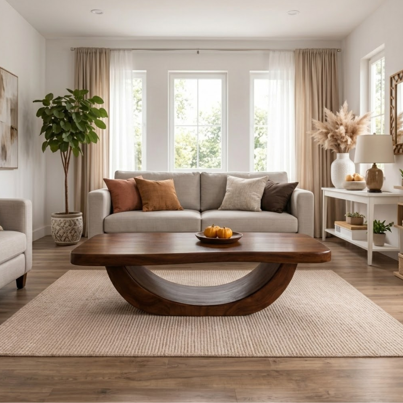 Solid Wood Coffee Table with Curved Sculptural Base and Thick Slab Top