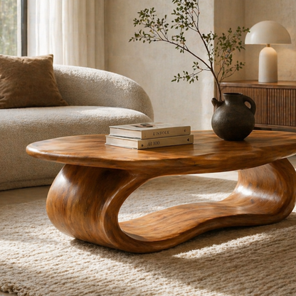 Solid Wood Coffee Table with Sculptural Loop Base and Organic Top