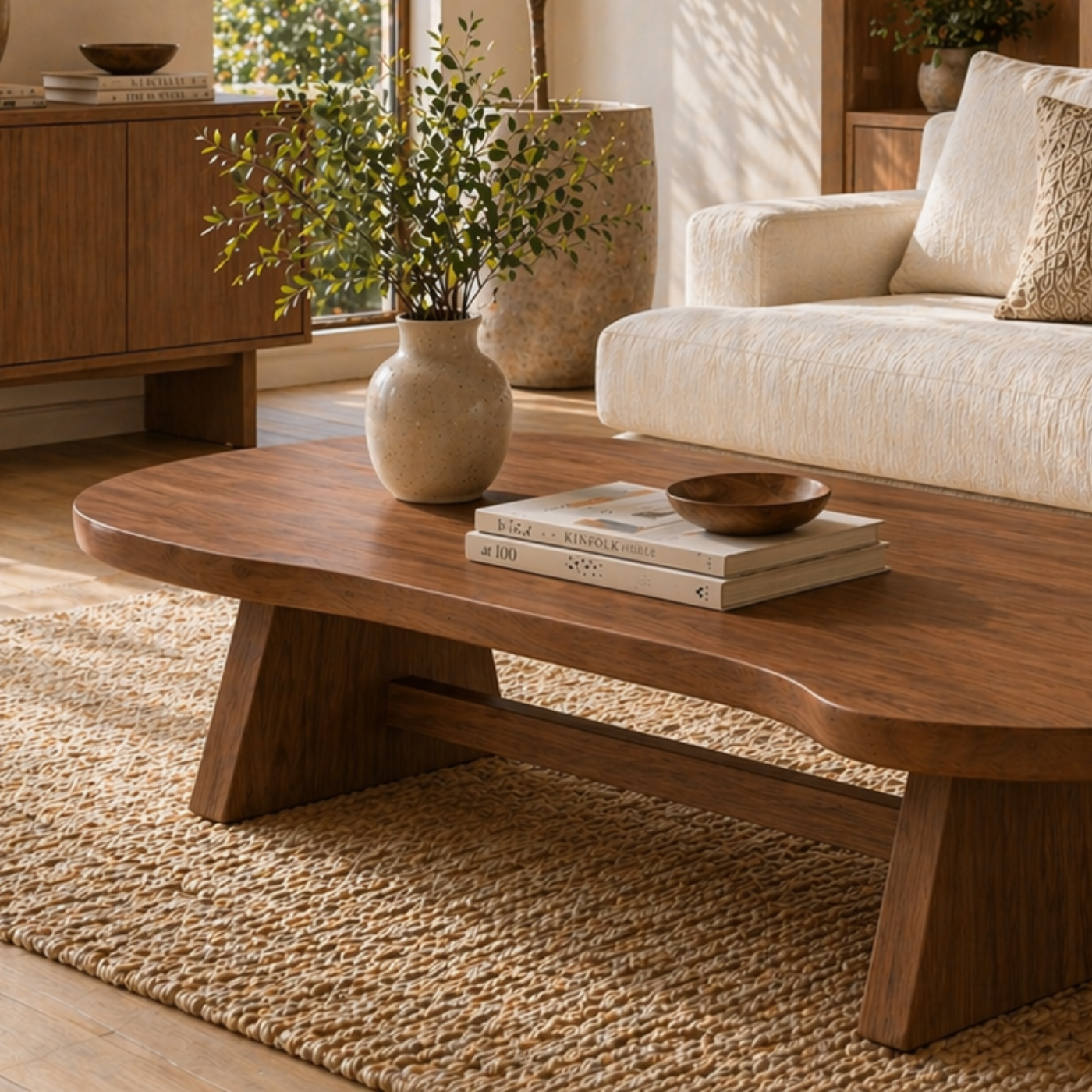 Solid Wood Coffee Table with Organic Oval Top and Angled Base