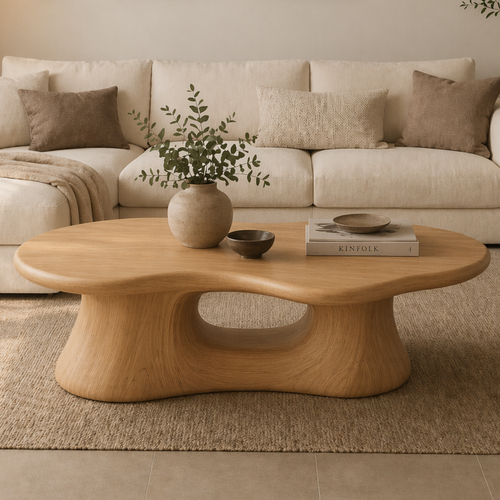Solid Wood Coffee Table with Sculpted Base and Organic Top